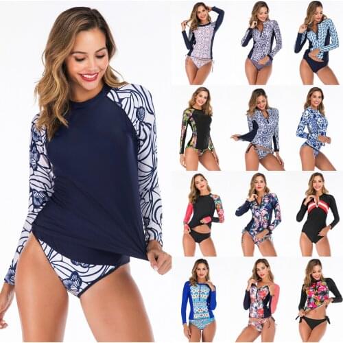 2020 Swimsuit Women Long Sleeve Rashguard Two Pieces Swimwear UV Floral Print Zipper Diving Surf Rash Guard Bathing Suit S-XXL