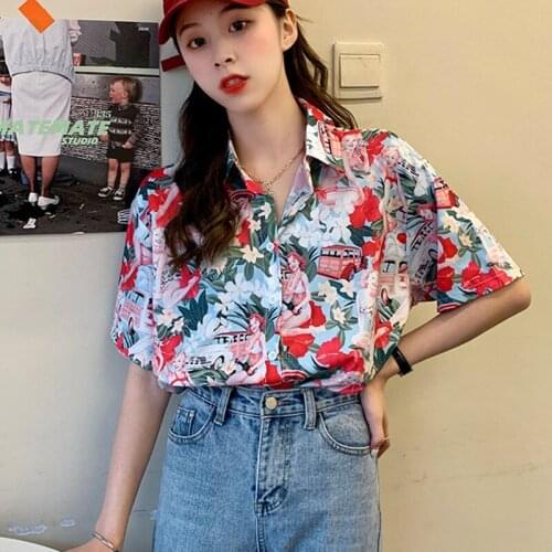 Summer Women Casual Chiffon Blouse Harajuku Loose Blouses Short Sleeve Lapel Shirt Ladies Girl Tops