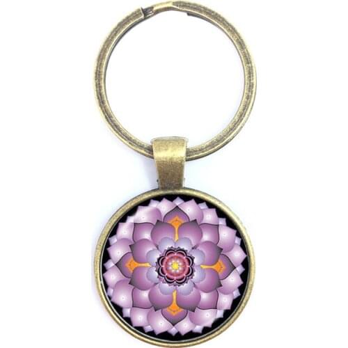 Mandala Datura Flower Time Gem Cabochon Key chains Handmade Summer Key ring Sacred Geometry Jewelry Art Glass Pendant