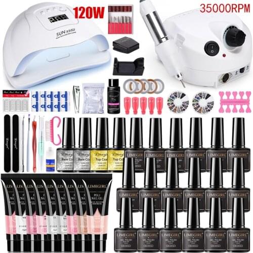 Nail Set Manicure Set With 120W/54W Led Nail Lamp 35000RPM Nail Drill Machine UV Gel Nail Polish & Poly Extension Nail Gel Set