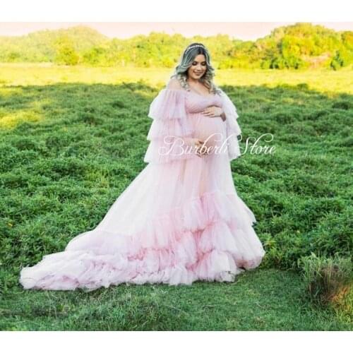Sweet Maternity Gowns Long Robe Dresses Pretty Ruffles Tiered Tulle A-line Women Dresses To Event Party Off The Shoulder