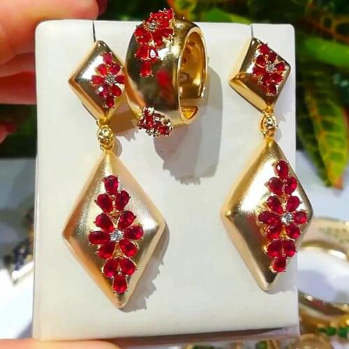 Missvikki Luxury Gorgeous DUBAI Style Big Bangle Bracelet Earrings Ring Jewelry Set for Bridal Wedding Party Daily Party Jewelry