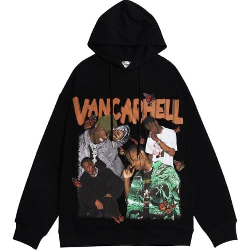 Mens Fashtion Kanye West Vintage Rapper Character Print Hoodies Sweatshirts High Street Hip Hop Oversize Jumper Streetwear