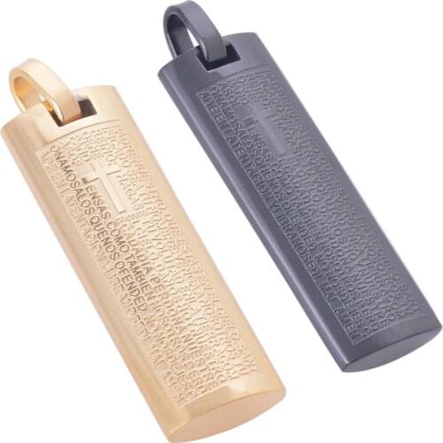 Mens Cross Spanish Lord Prayer Stainless Steel Pendant Necklace With Bible Words