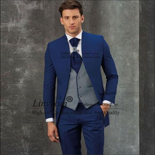 Royal Blue Mens Blazers 3 Pieces Jacket Vest Pants High Collar Formal Tuxedos For Male Clothing Wedding Suits costume homme