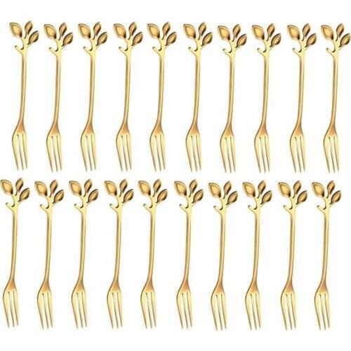 20Pcs Stainless Steel Delicate Gold Leaf Shape Creative Cake Fruit Appetizer Forks Set Tasting Dessert Forks Kitchen Accessory