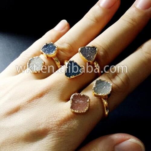 NEW!New fashion druzy agateround and triangle double sets rings in adjustable size WT-R189