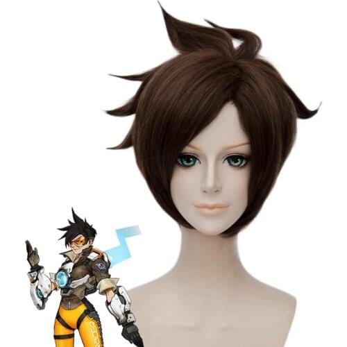 High Quality Game OW Tracer Wigs Brown Heat Resistant Synthetic Hair Cosplay Wig + Wig Cap