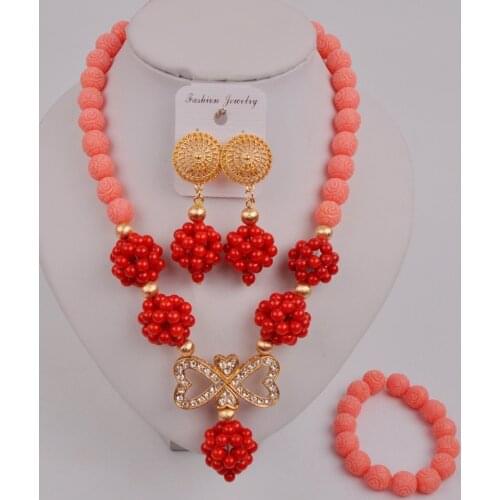 Latest Nigerian Wedding African Beads Pink and Red Coral Jewelry Set 12-Q-03