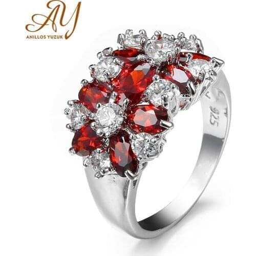 Anillos Yuzuk Luxury 925 Silver Flower Rings Red Purple & Clear Cubic Zircon Wedding Engagement Party Ring Trendy Fine Jewelry