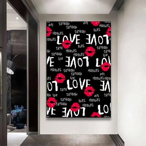 Sexy Red Lips Art Canvas Painting White Letter LOVE Prints and Posters Wall Art Picture for Living Room Home Decoration No Frame