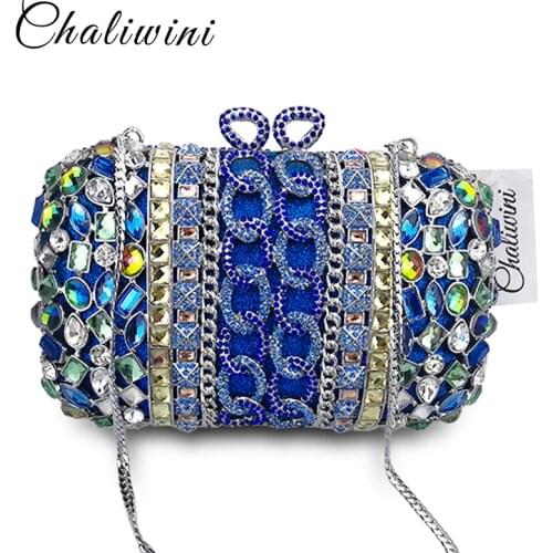 Vintage Women blue Beaded Clutch Bag Sequined Diamond Handbag Bridal Wedding Party Metal Clutches Purse Minaudiere Evening Bag