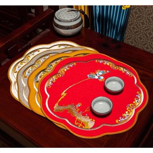 Fine Embroidery Plum blossom Octagonal Chinese Placemat Cotton Linen Dish Plate Dinner Party Table Mat Western Insulation Pad