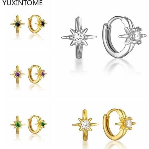 YUXINTOME 925 Silver Ear Buckle black/purple/green/white Hoops Earring For Women Lucky star Gift Face Jewelry Crown Earrings A30