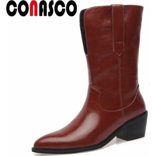 CONASCO Retro Elegant Women Mid-Calf Boots Autumn Winter Warm Cow Leather Night Club Party Basic Prom High Heels Shoes Woman
