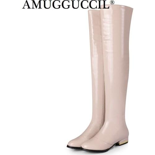 2021 New Plus Big Size 31-45 Black Red Apricot Stretch Leather Zip Over The Knee Thigh High Autumn Winter Lady Women Boots X1689