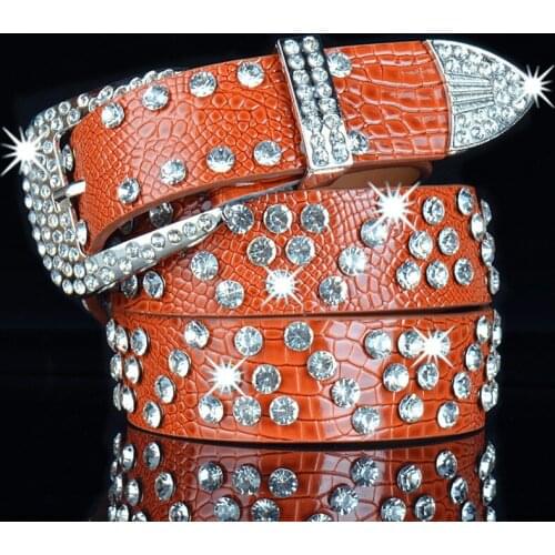 2021 Fashion Rhinestone Leather Belts for Women Luxury Pin Buckle Woman Belt Quality Waist Strap Female Width 3.3 Cm Wholesale