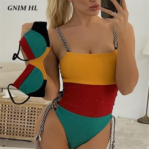 GNIM One Piece Swimwear Women Stitching Color Bikini Mujer 2020 Sexy Bandage Swimsuit Push Up Halter Bather Suit Women Biquini