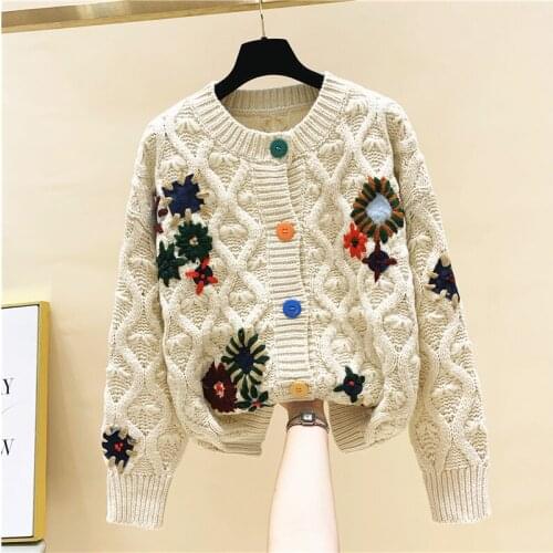 Vintage Knitted Flower Women Sweater Cardigan Winter New 2021 O-Neck Thicken Warm Female Outwear Coats Tops