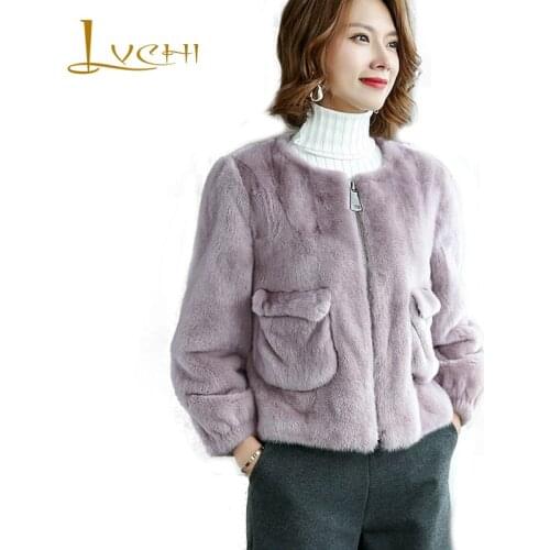 LVCHI Winter 2019 Imported Mink Coat Womens Natural Fur Coat Mink Coat Slim O-Neck Pocket Loss Tight Waist Short Mink Fur Coats