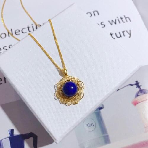 MADALENA SARARA Lazurite Round Lapis Bead Pendant Necklace 18k Gold Chain Flower Style Women Necklace