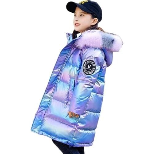 4 6 8 9 10 12Yrs Teenagers Girls Shiny Down Winter Jackets Girls Warm Parka Colored Fur Collar Thicken Outerwear Winter Clothes