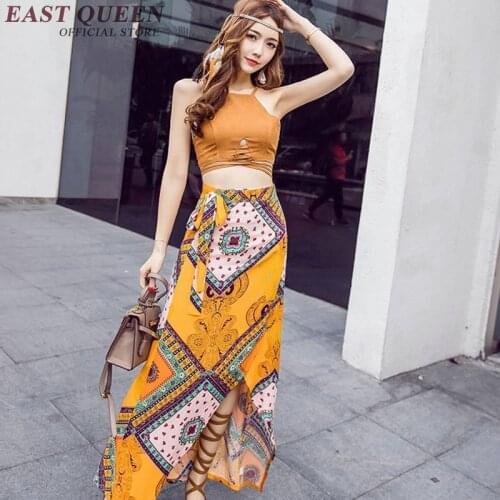 2018 boho long skirt high waist summer holiday women two piece set skirt and top women elegant skirt suits AA2088 Q