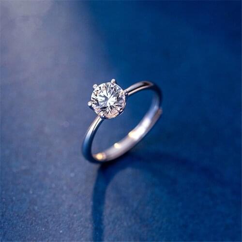 925 Sterling Silver Six Claw Round Zircon Opening Rings For Women Resizable Fashion Finger Jewelry Romantic Wedding Engagement