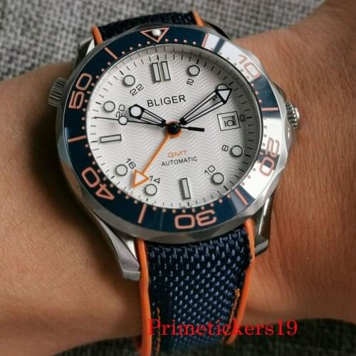 BLIGER 41mm White Dial GMT Function Men Watch Sapphire Crystal Ceramic Bezel Rubber Band Solid Back