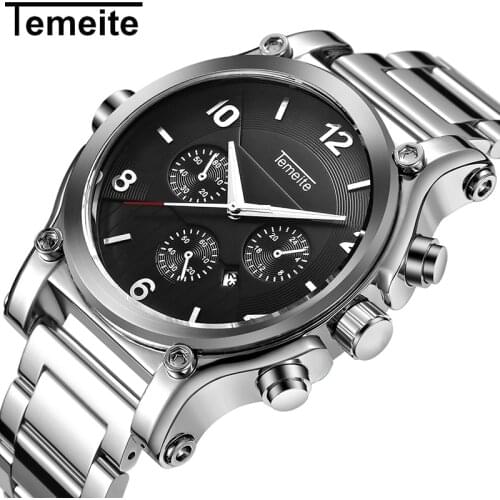 Temeite Mens Creative watches Big Dial Watch Brand Date Watch Business Stainless Steel Strap Watch for Men Relogio Masculino