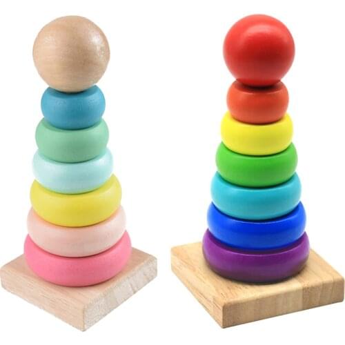 Baby Rainbow Geometric Shape Toy Wood Tower Column Ring Stacking Game Toy Rainbow Blocks Build Wooden Toys
