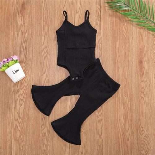 Pudcoco Newborn Baby Girl Clothes 2 Pcs Outfits, Spaghetti Straps Romper Top + Long Flared Pant Solid Color Knitted Clothes Sets