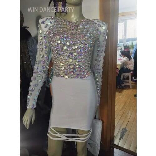 Black Mesh Rhinestones Short Dress Big Stretch Crystal Stones Dress Singer Stage Birthday Party One Piece Nightclub Bar Costume