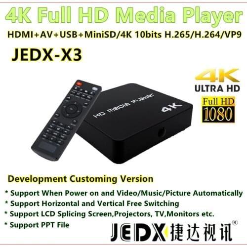 JEDX X3 4K Full HD Media Player with HDMI/AV/USB/MiniSD Card Support PPT 4K@60fps UHK H.265 H.264 VP9