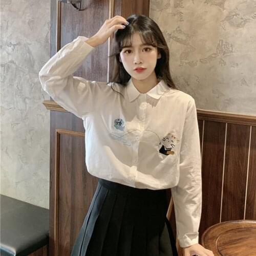 Sweet Cute Cat Embroidered Shirt Japanese Students Loose Slimming Long-Sleeved Shirt Womens japanese school uniform