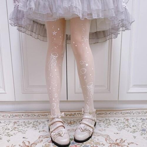 Moon Jellyfish Origional Lolita Socks Thin Patyhose Printed Womens Autumn White Harajuku Patyhose