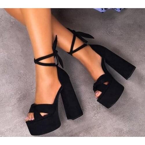 Moraima Snc Black Suede Chunky Heels Woman Sandal Summer Open Toe Lace-up Gladiator Shoes Sexy Platform Cutouts Party Dress Shoe