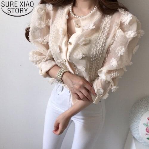 New Fashion 3D Flower See Through Blouse Women Shirts Casual Button Shirt 2021 Autumn Long Sleeve Tops Apricot Clothing 15443
