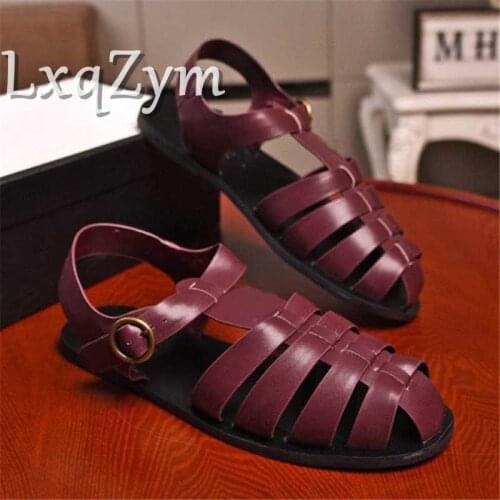 Newest Brand Man Size 38-44 Chic Flat Sandals Ankle Strap Genuine Leather Sandals Round Closed Toe Rivet Crystals Decor Comfort