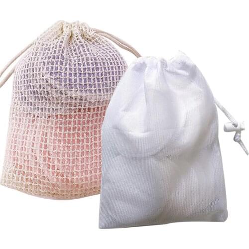 Solid Color Facial Cleansing Makeup Remover Wipes Mesh Drawstring Storage Bag Shower Exfoliator Sponge Pouch Foaming Net