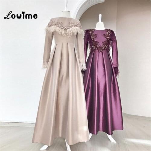 Saudi Arabia Women Dress Long Sleeves Abaya Feather Muslim Evening Dresses With Applique Party Gown Vestido De Festa Prom Dress