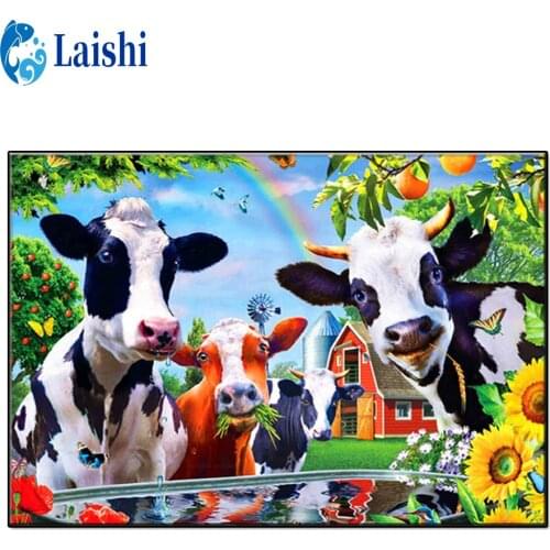 Full Square round Diamond Embroidery Rainbow, farm cow landscape DIY Diamond Painting Cross Stitch animal Picture of Rhinestones