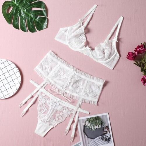Transparent Underwear Set Women Sexy Lace Embroidery Push Up Bra See Through Lingerie Wedding White Bra+Garters+Thong 3pcs
