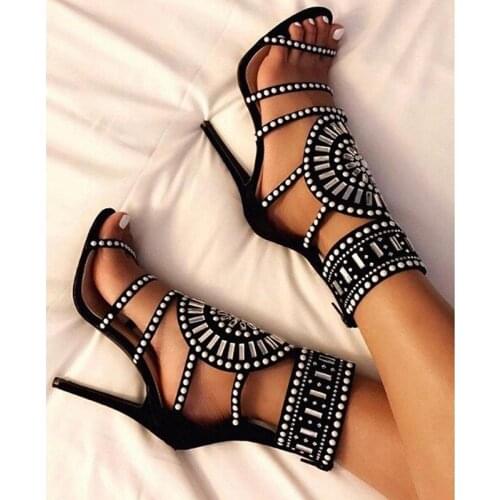 Crystal Embellished High Heel Gladiator Sandals Zipper Open Toe Stiletto Heeled Women Shoes Cut Out Ankle Strap Hollow Booties