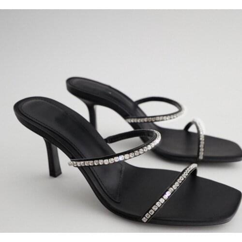Sexy Womens Slippers 2021 New Female Black Square Toe Rhinestone Decoration Stiletto Sandals