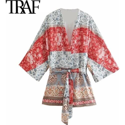TRAF Women Fashion With Belt Pahtchwork Printed Kimono Blouses Vintage Three Qulater Sleeve Female Shirts Chic Tops