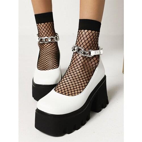 RIBETRINI Female Fashion Punk Spring Pumps Platform Chunky Heel Ankle Strap Pumps Women Design New Street Gothic Shoes Woman