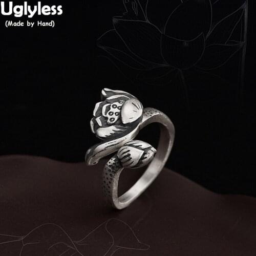 Uglyless Real 999 Pure Silver Handmade Lotus Finger Rings for Women Ethnic Thai Silver Flowers Open Rings Traditional Jewelry