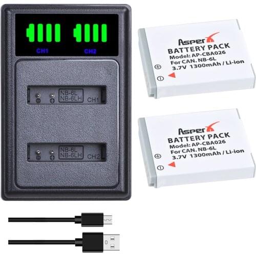 2Pcs NB-6L NB 6L NB-6LH Batteries + LED Dual USB Charger With Type C Port for Canon IXUS 310 SX240 SX275 SX280 SX510 SX500 HS 95