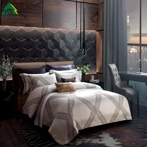 Beige Fabric Lattice Stripe Design 4Pcs Yarn Dyed Jacquard Bedding Sets Bed Linens King Size Duvet Cover Set Pillowcase Bedsheet